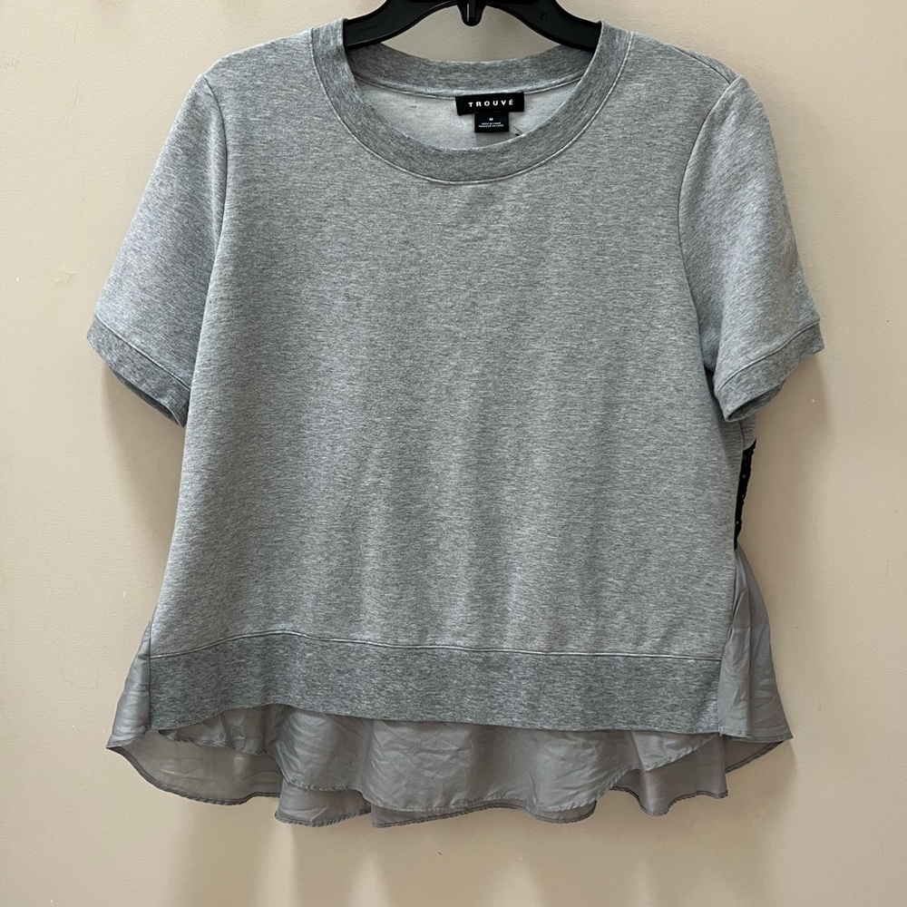 Trouvé gray shortsleeved sweatshirt with flowy hem and navy appliqué size M - Picture 4 of 7